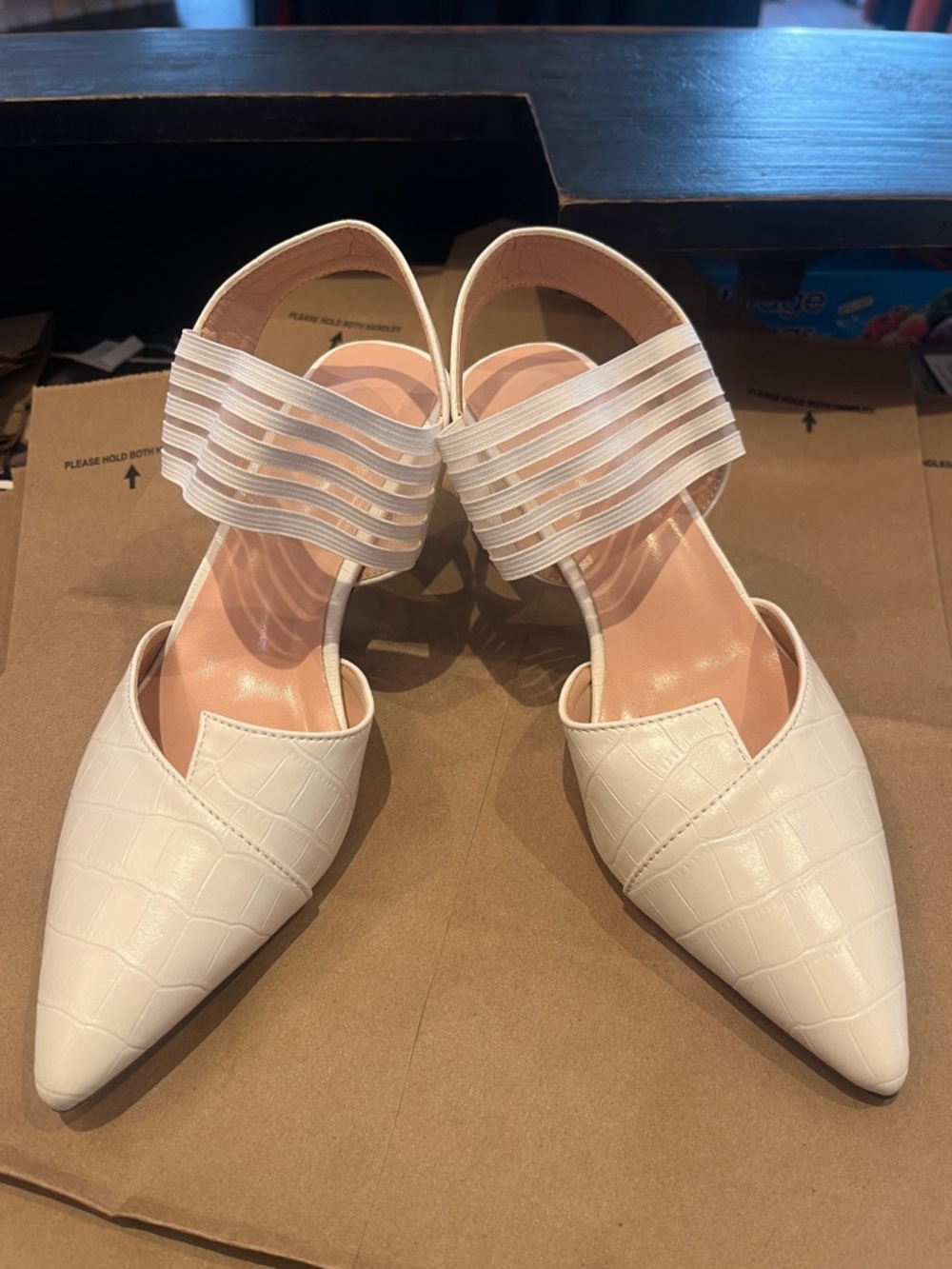 Women's Pointed D'Orsay Flats in Cream with Elastic Strap. 2 1/2 heel